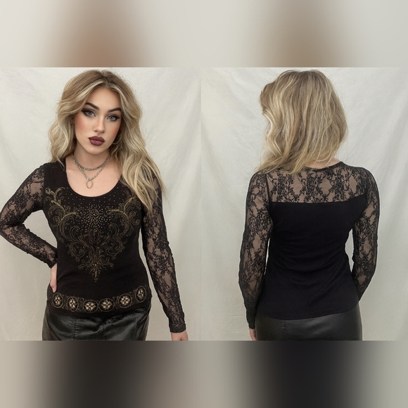 Vintage Y2K Black Gold Lace Beaded Scroll Cross Top Long Sleeve Glam Gothic - Picture 1 of 13